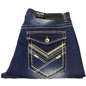 True Luck Jeans Mens 34x32 Blue Straight Classic Stretch Denim Thick Stitch NEW